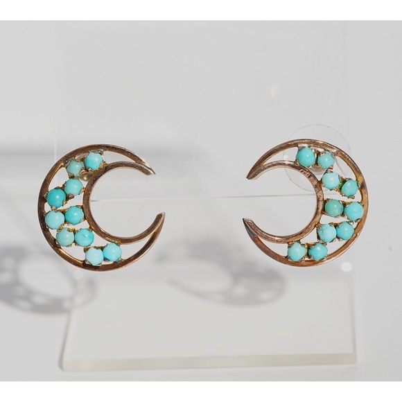 Vintage 10-14k Solid Gold Natural Persian Turquoise Crescent Moon Stud Earrings - Picture 4 of 6